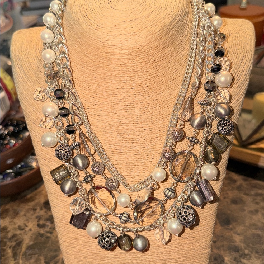 White House Black Market set earrings and crystal pearls silver chain Necklace